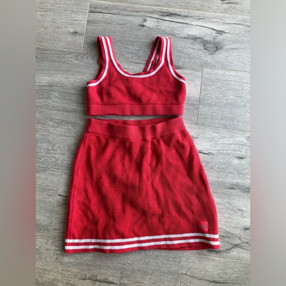 ALO Red Knit Crop Top & Skirt Set with White Stripes